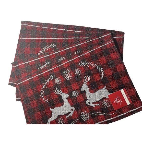Buffalo Red Black Placemat Set of 4 Deer Snowflake Rustic Lodge Nordic Cabin NEW - Picture 2 of 6